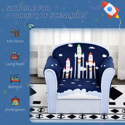 Children's Solid Wood Armchair with Rocket Design - Blue