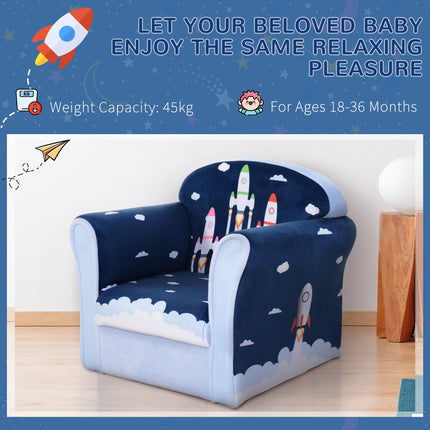 Children's Solid Wood Armchair with Rocket Design - Blue