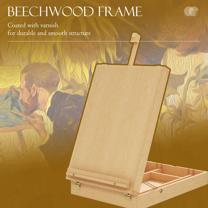 Adjustable Wooden Table Easel Box for Canvas up to 61cm with Storage - Natural Wood