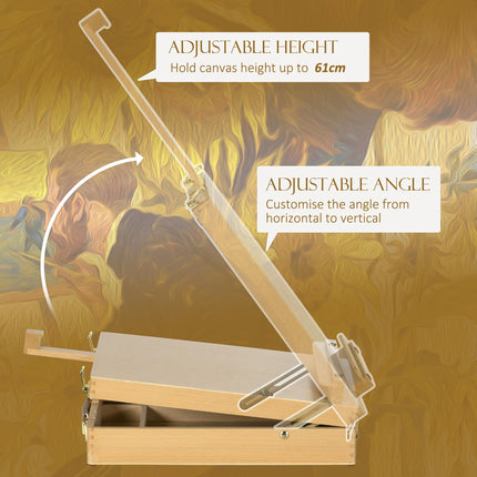 Adjustable Wooden Table Easel Box for Canvas up to 61cm with Storage - Natural Wood