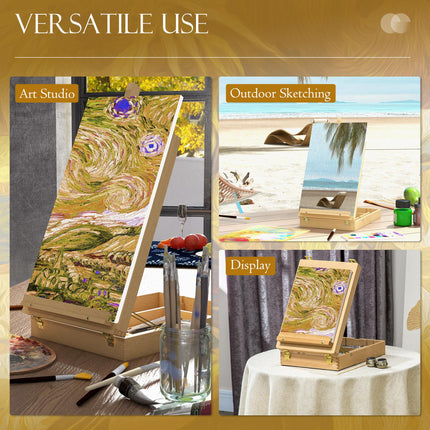 Adjustable Wooden Table Easel Box for Canvas up to 61cm with Storage - Natural Wood