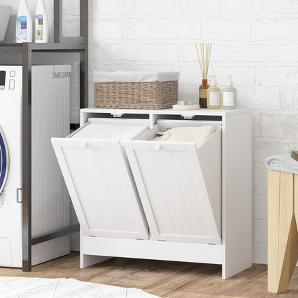 Double Hamper Laundry Storage Cabinet with Handles and Wall Straps - White