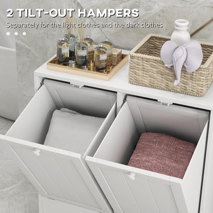 Double Hamper Laundry Storage Cabinet with Handles and Wall Straps - White