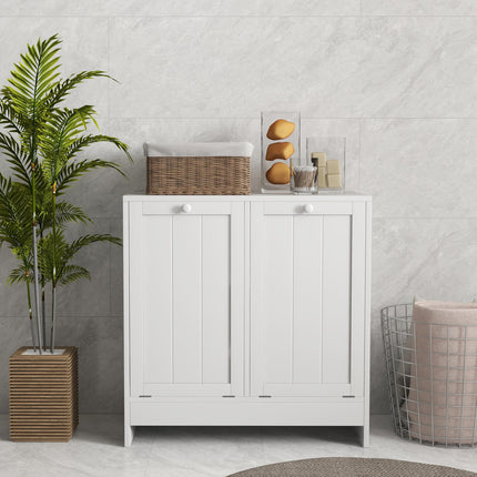 Double Hamper Laundry Storage Cabinet with Handles and Wall Straps - White