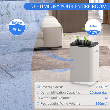 6000mL Portable Dehumidifier 20L/Day with 24H Timer & 3 Modes for Home Laundry Basement - White/Black