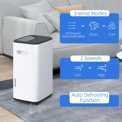 6000mL Portable Dehumidifier 20L/Day with 24H Timer & 3 Modes for Home Laundry Basement - White/Black