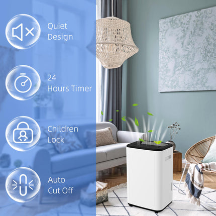 6000mL Portable Dehumidifier 20L/Day with 24H Timer & 3 Modes for Home Laundry Basement - White/Black