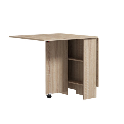 Folding Drop Leaf Dining Table with 2-Tier Shelves and Rolling Casters - Natural Wood
