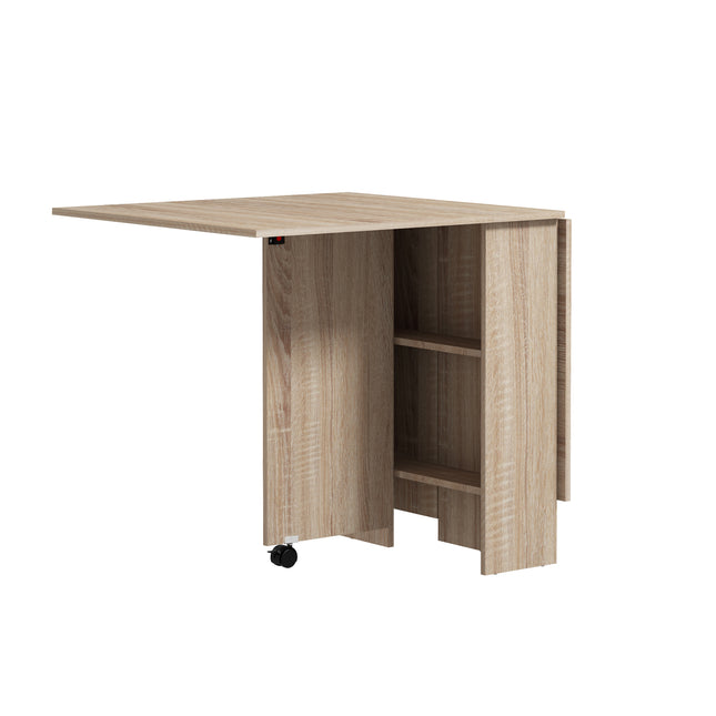 Folding Drop Leaf Dining Table with 2-Tier Shelves and Rolling Casters - Natural Wood