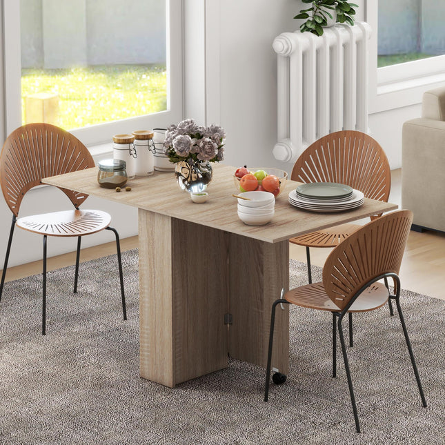 Folding Drop Leaf Dining Table with 2-Tier Shelves and Rolling Casters - Natural Wood