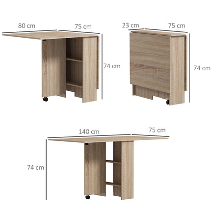 Folding Drop Leaf Dining Table with 2-Tier Shelves and Rolling Casters - Natural Wood