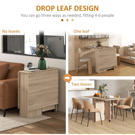 Folding Drop Leaf Dining Table with 2-Tier Shelves and Rolling Casters - Natural Wood