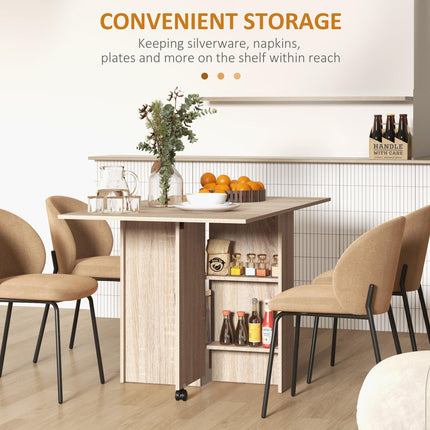 Folding Drop Leaf Dining Table with 2-Tier Shelves and Rolling Casters - Natural Wood