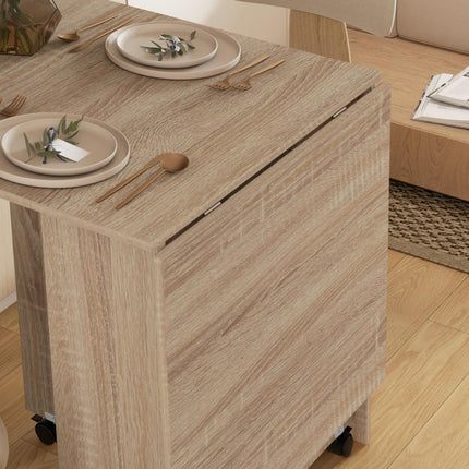 Folding Drop Leaf Dining Table with 2-Tier Shelves and Rolling Casters - Natural Wood
