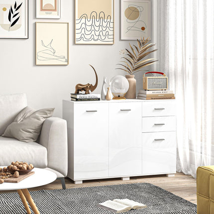 Modern Sideboard Storage Cabinet with 2 Drawers & 3 Doors, Adjustable Shelves - High Gloss White
