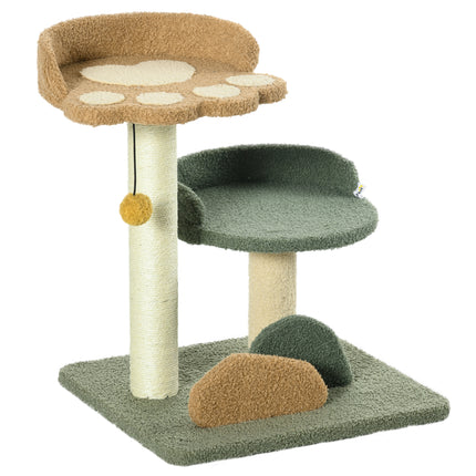 Small Indoor Cat Tree with Scratching Posts, 2 Beds & Toy Ball, 43x39x52cm - Green Brown Beige