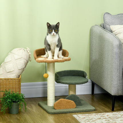 Small Indoor Cat Tree with Scratching Posts, 2 Beds & Toy Ball, 43x39x52cm - Green Brown Beige
