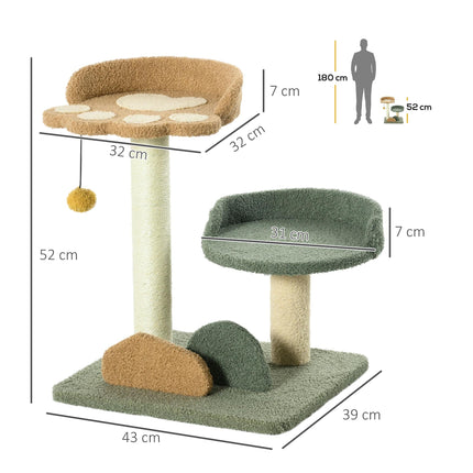 Small Indoor Cat Tree with Scratching Posts, 2 Beds & Toy Ball, 43x39x52cm - Green Brown Beige