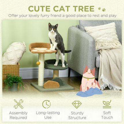 Small Indoor Cat Tree with Scratching Posts, 2 Beds & Toy Ball, 43x39x52cm - Green Brown Beige