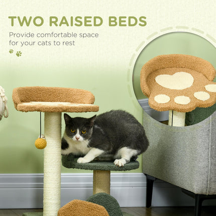 Small Indoor Cat Tree with Scratching Posts, 2 Beds & Toy Ball, 43x39x52cm - Green Brown Beige