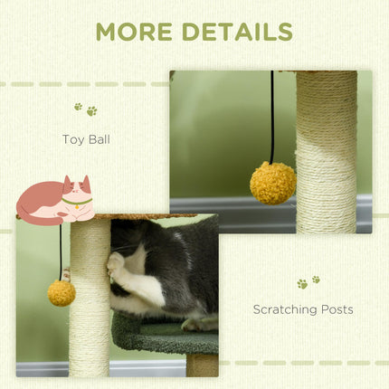Small Indoor Cat Tree with Scratching Posts, 2 Beds & Toy Ball, 43x39x52cm - Green Brown Beige
