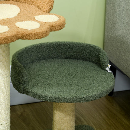 Small Indoor Cat Tree with Scratching Posts, 2 Beds & Toy Ball, 43x39x52cm - Green Brown Beige