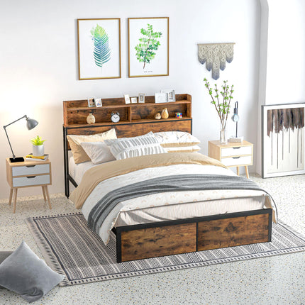 Industrial King Bed Frame with Storage Headboard and Footboard - Rustic Brown