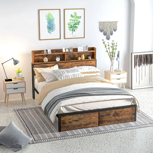 Industrial King Bed Frame with Storage Headboard and Footboard - Rustic Brown