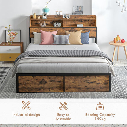 Industrial King Bed Frame with Storage Headboard and Footboard - Rustic Brown