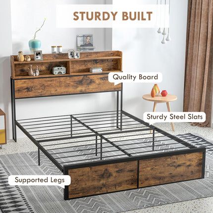Industrial King Bed Frame with Storage Headboard and Footboard - Rustic Brown