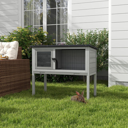 Wooden Rabbit Hutch with Built-in Tray and Openable Asphalt Roof 84x43x70 cm - Grey