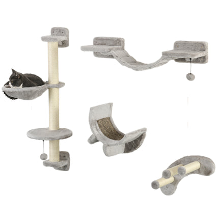 Four-Piece Indoor Cat Wall Furniture Set with Hammock, Ladder, Platforms, Steps - Grey