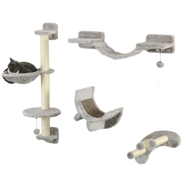 Four-Piece Indoor Cat Wall Furniture Set with Hammock, Ladder, Platforms, Steps - Grey