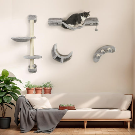 Four-Piece Indoor Cat Wall Furniture Set with Hammock, Ladder, Platforms, Steps - Grey