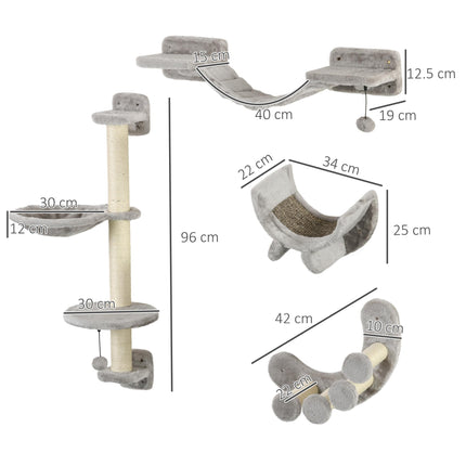 Four-Piece Indoor Cat Wall Furniture Set with Hammock, Ladder, Platforms, Steps - Grey