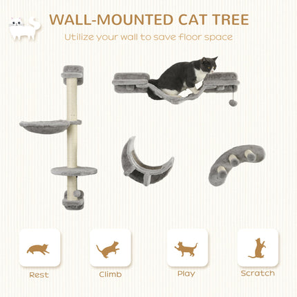 Four-Piece Indoor Cat Wall Furniture Set with Hammock, Ladder, Platforms, Steps - Grey