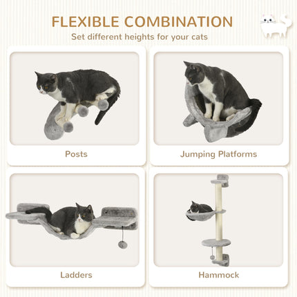 Four-Piece Indoor Cat Wall Furniture Set with Hammock, Ladder, Platforms, Steps - Grey
