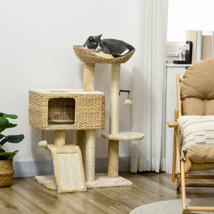 95cm Indoor Cat Tree Tower with Scratching Post, Cat House, Toy Ball, Platform - Beige