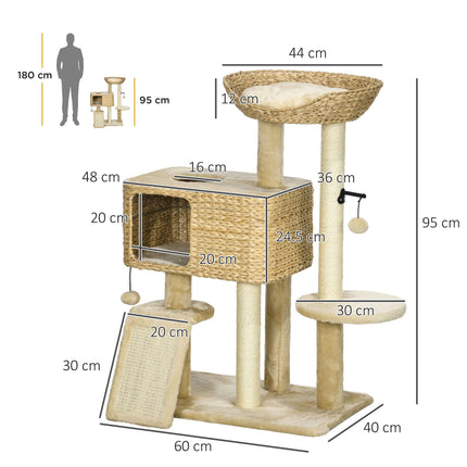 95cm Indoor Cat Tree Tower with Scratching Post, Cat House, Toy Ball, Platform - Beige