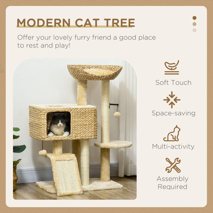 95cm Indoor Cat Tree Tower with Scratching Post, Cat House, Toy Ball, Platform - Beige