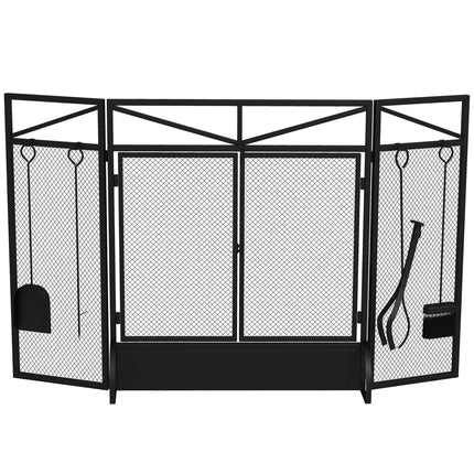 3 Panel Folding Fire Guard Screen with Fireplace Tool Set and Front Doors - Black