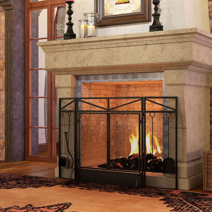 3 Panel Folding Fire Guard Screen with Fireplace Tool Set and Front Doors - Black