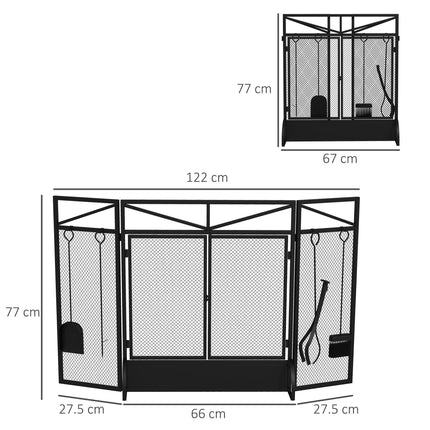3 Panel Folding Fire Guard Screen with Fireplace Tool Set and Front Doors - Black