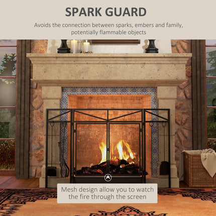3 Panel Folding Fire Guard Screen with Fireplace Tool Set and Front Doors - Black