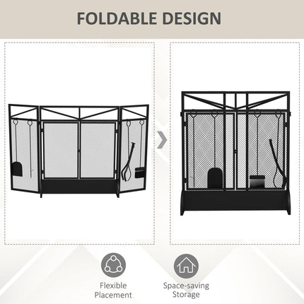 3 Panel Folding Fire Guard Screen with Fireplace Tool Set and Front Doors - Black