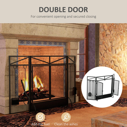3 Panel Folding Fire Guard Screen with Fireplace Tool Set and Front Doors - Black