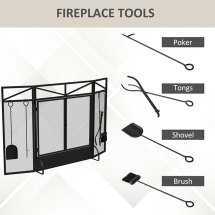 3 Panel Folding Fire Guard Screen with Fireplace Tool Set and Front Doors - Black