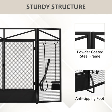 3 Panel Folding Fire Guard Screen with Fireplace Tool Set and Front Doors - Black