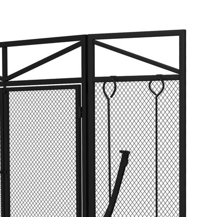 3 Panel Folding Fire Guard Screen with Fireplace Tool Set and Front Doors - Black