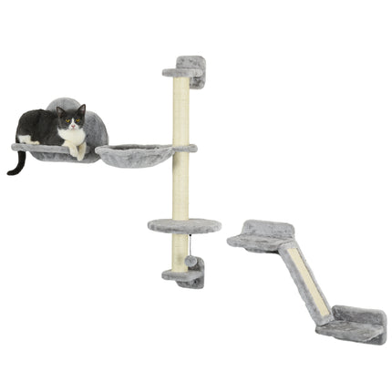 3-Piece Wall Mounted Cat Shelves with Hammock, Ladder, Scratching Post & Play Ball for Large Cats - Grey